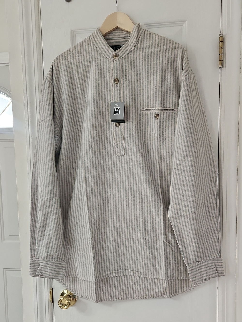 NWT Lee Valley Ireland Mens Green Stripe Flannel Grandfather Shirt Collarless XL